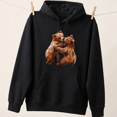 Watercolor illustration of two bear cubs in brown, cream, and tan shades — printed on a unisex hoodie