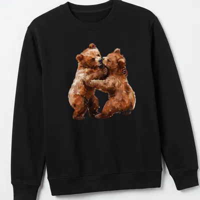 Watercolor illustration of two bear cubs in brown, cream, and tan shades — printed on a unisex sweatshirt