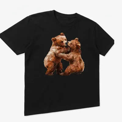 Watercolor illustration of two bear cubs in brown, cream, and tan shades — printed on a unisex t-shirt (angled view)