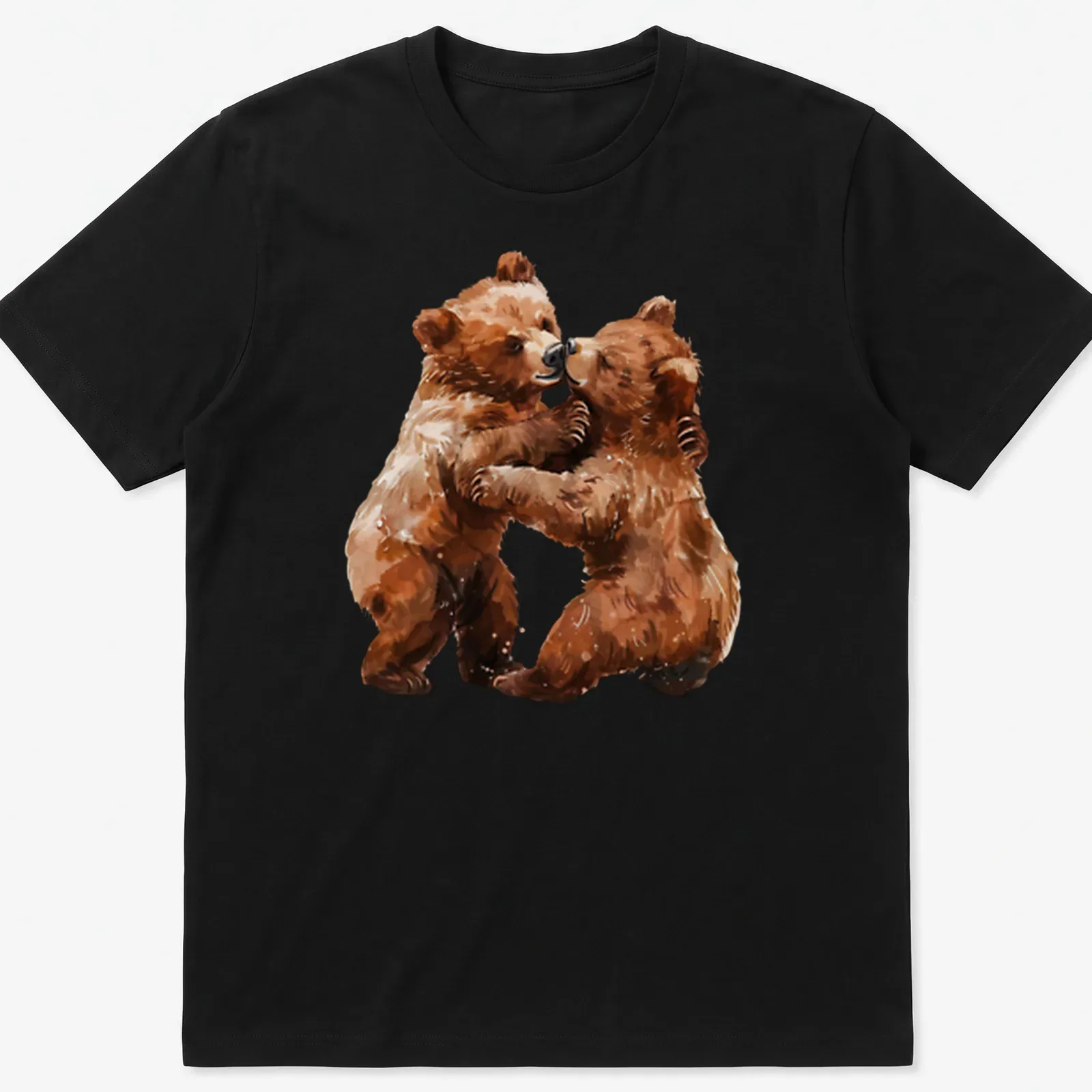 Watercolor illustration of two bear cubs in brown, cream, and tan shades — printed on a unisex t-shirt