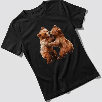 Watercolor illustration of two bear cubs in brown, cream, and tan shades — printed on a women's shirt