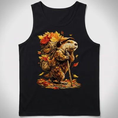 Colorful cartoon beaver hiking with autumn leaves in bright colors — printed on a tank top