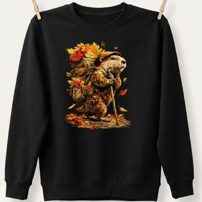 Colorful cartoon beaver hiking with autumn leaves in bright colors — printed on a unisex sweatshirt
