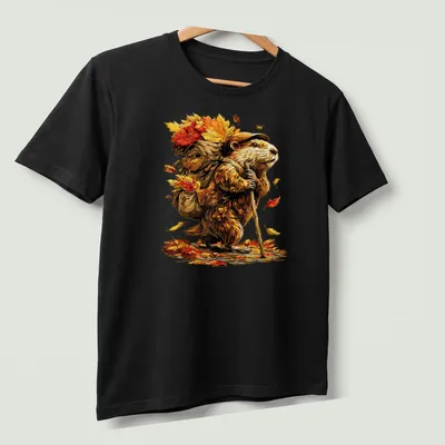 Colorful cartoon beaver hiking with autumn leaves in bright colors — printed on a unisex t-shirt (angled view)