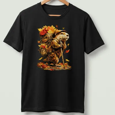 Colorful cartoon beaver hiking with autumn leaves in bright colors