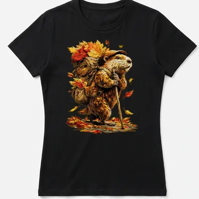 Colorful cartoon beaver hiking with autumn leaves in bright colors — printed on a women's shirt
