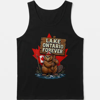 Cartoon beaver holding a sign that reads Lake Ontario Forever in vibrant colors — printed on a tank top