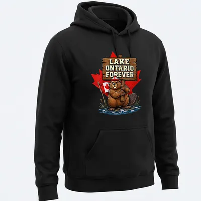 Cartoon beaver holding a sign that reads Lake Ontario Forever in vibrant colors — printed on a unisex hoodie