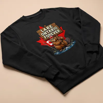 Cartoon beaver holding a sign that reads Lake Ontario Forever in vibrant colors — printed on a unisex sweatshirt