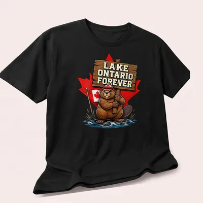 Cartoon beaver holding a sign that reads Lake Ontario Forever in vibrant colors — printed on a unisex t-shirt (angled view)