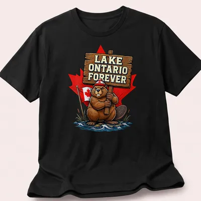 Cartoon beaver holding a sign that reads Lake Ontario Forever in vibrant colors