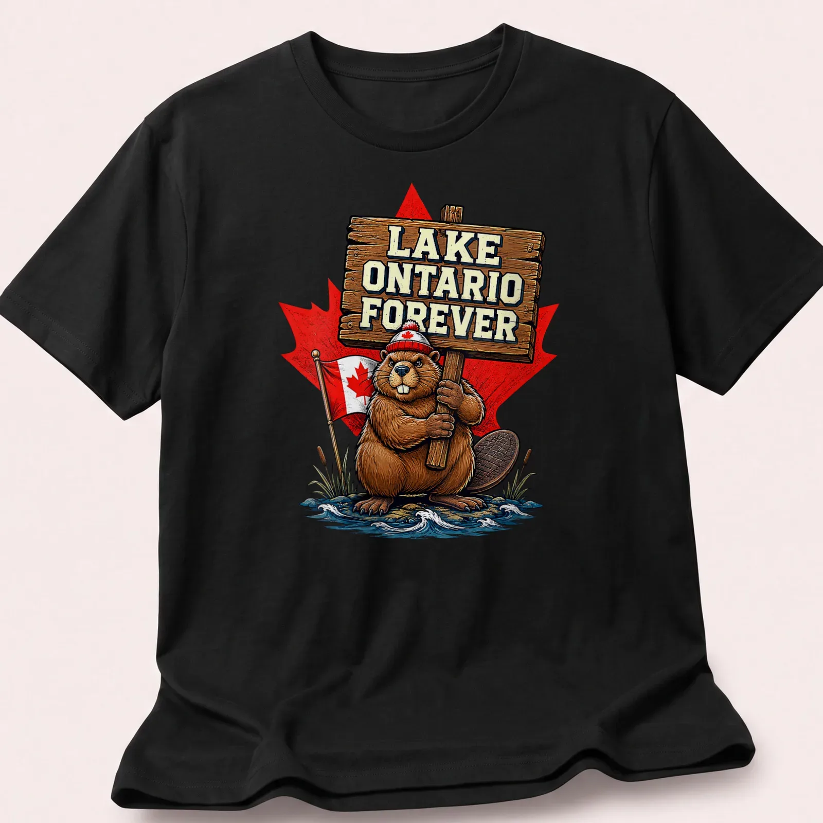 Cartoon beaver holding a sign that reads Lake Ontario Forever in vibrant colors — printed on a unisex t-shirt
