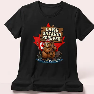 Cartoon beaver holding a sign that reads Lake Ontario Forever in vibrant colors — printed on a women's shirt
