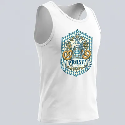 Vintage beer stein and pretzels with 'Prost!' in a crest design. — printed on a tank top