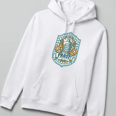 Vintage beer stein and pretzels with 'Prost!' in a crest design. — printed on a unisex hoodie