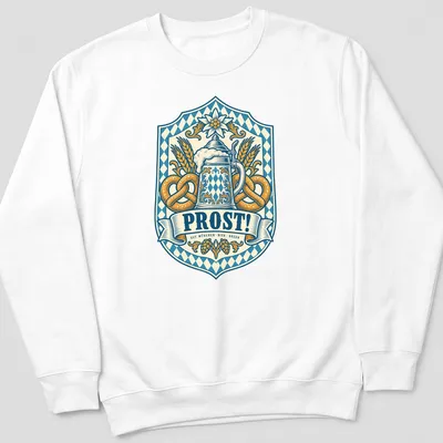 Vintage beer stein and pretzels with 'Prost!' in a crest design. — printed on a unisex sweatshirt
