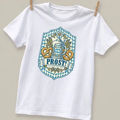 Vintage beer stein and pretzels with 'Prost!' in a crest design.