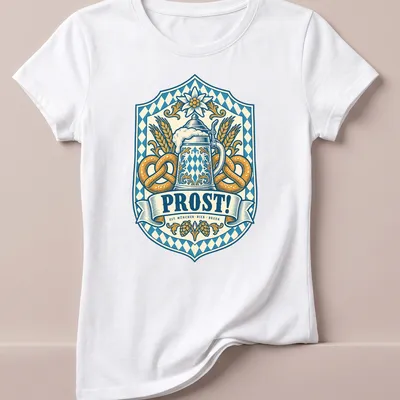 Vintage beer stein and pretzels with 'Prost!' in a crest design. — printed on a women's shirt