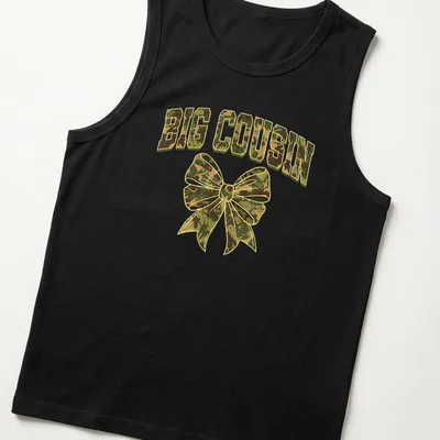 Cartoon style camouflage bow with bold 'BIG COUSIN' text in greens and browns — printed on a tank top