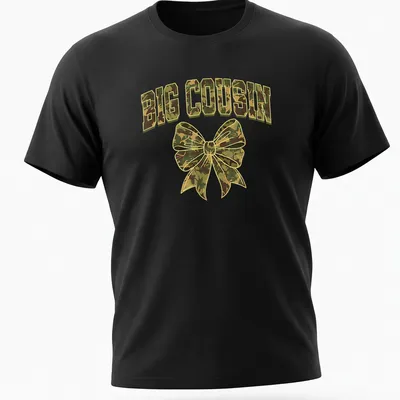 Cartoon style camouflage bow with bold 'BIG COUSIN' text in greens and browns