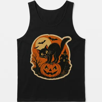 Vintage black cat illustration in orange and yellow with a spooky expression — printed on a tank top