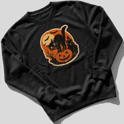 Vintage black cat illustration in orange and yellow with a spooky expression — printed on a unisex sweatshirt