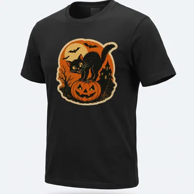 Vintage black cat illustration in orange and yellow with a spooky expression