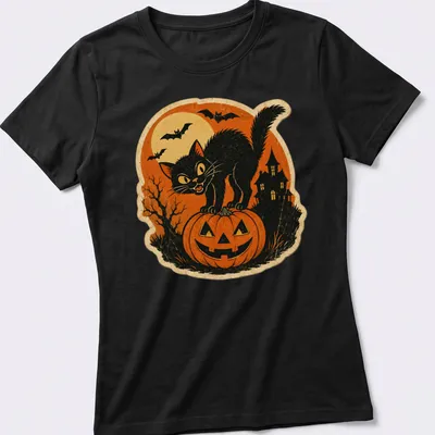 Vintage black cat illustration in orange and yellow with a spooky expression — printed on a women's shirt