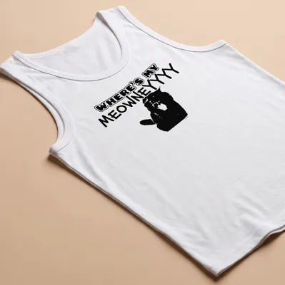 Bold cartoon print of a confused black cat with the text Where's My MeowneYYYY — printed on a tank top