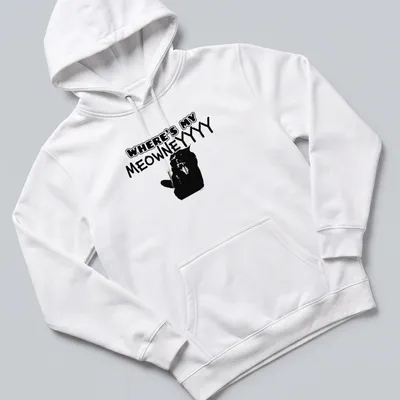 Bold cartoon print of a confused black cat with the text Where's My MeowneYYYY — printed on a unisex hoodie