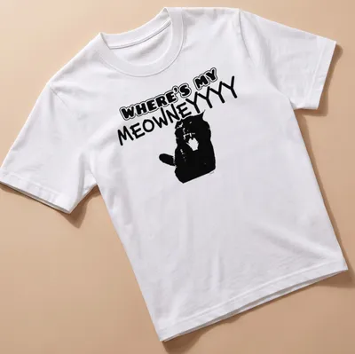 Bold cartoon print of a confused black cat with the text Where's My MeowneYYYY