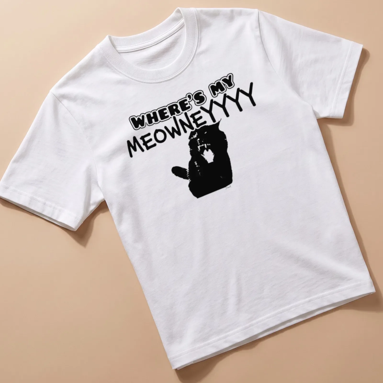 Bold cartoon print of a confused black cat with the text Where's My MeowneYYYY — printed on a unisex t-shirt