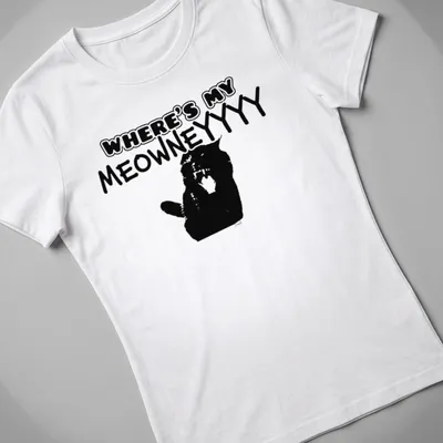 Bold cartoon print of a confused black cat with the text Where's My MeowneYYYY — printed on a women's shirt