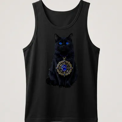 Gothic design featuring a black cat with a celestial astrolabe in blue and gold — printed on a tank top