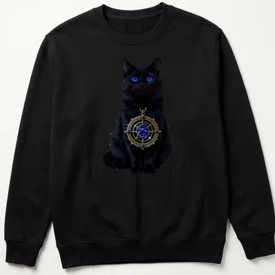 Gothic design featuring a black cat with a celestial astrolabe in blue and gold — printed on a unisex sweatshirt