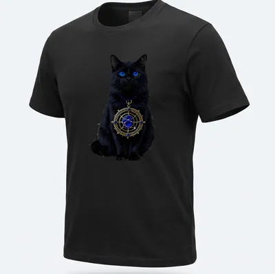 Gothic design featuring a black cat with a celestial astrolabe in blue and gold