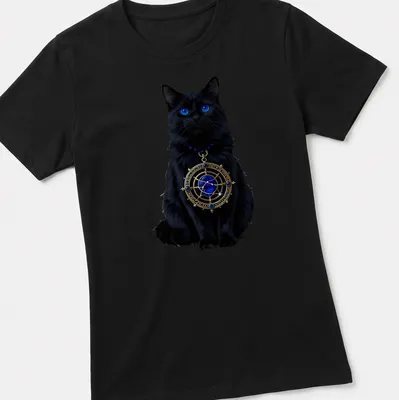 Gothic design featuring a black cat with a celestial astrolabe in blue and gold — printed on a women's shirt