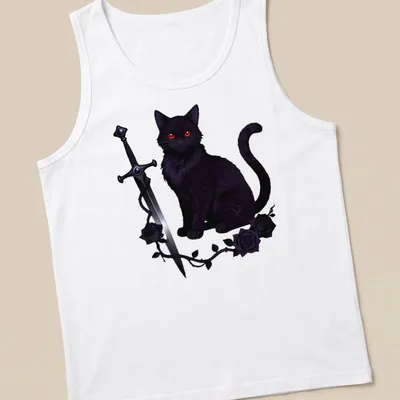 Illustration of a black cat wielding a sword with roses in vibrant colors — printed on a tank top