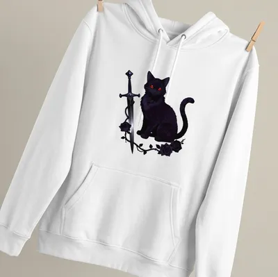 Illustration of a black cat wielding a sword with roses in vibrant colors — printed on a unisex hoodie
