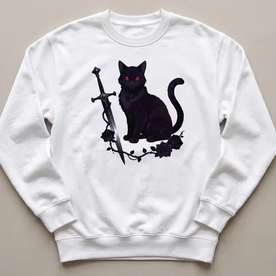 Illustration of a black cat wielding a sword with roses in vibrant colors — printed on a unisex sweatshirt