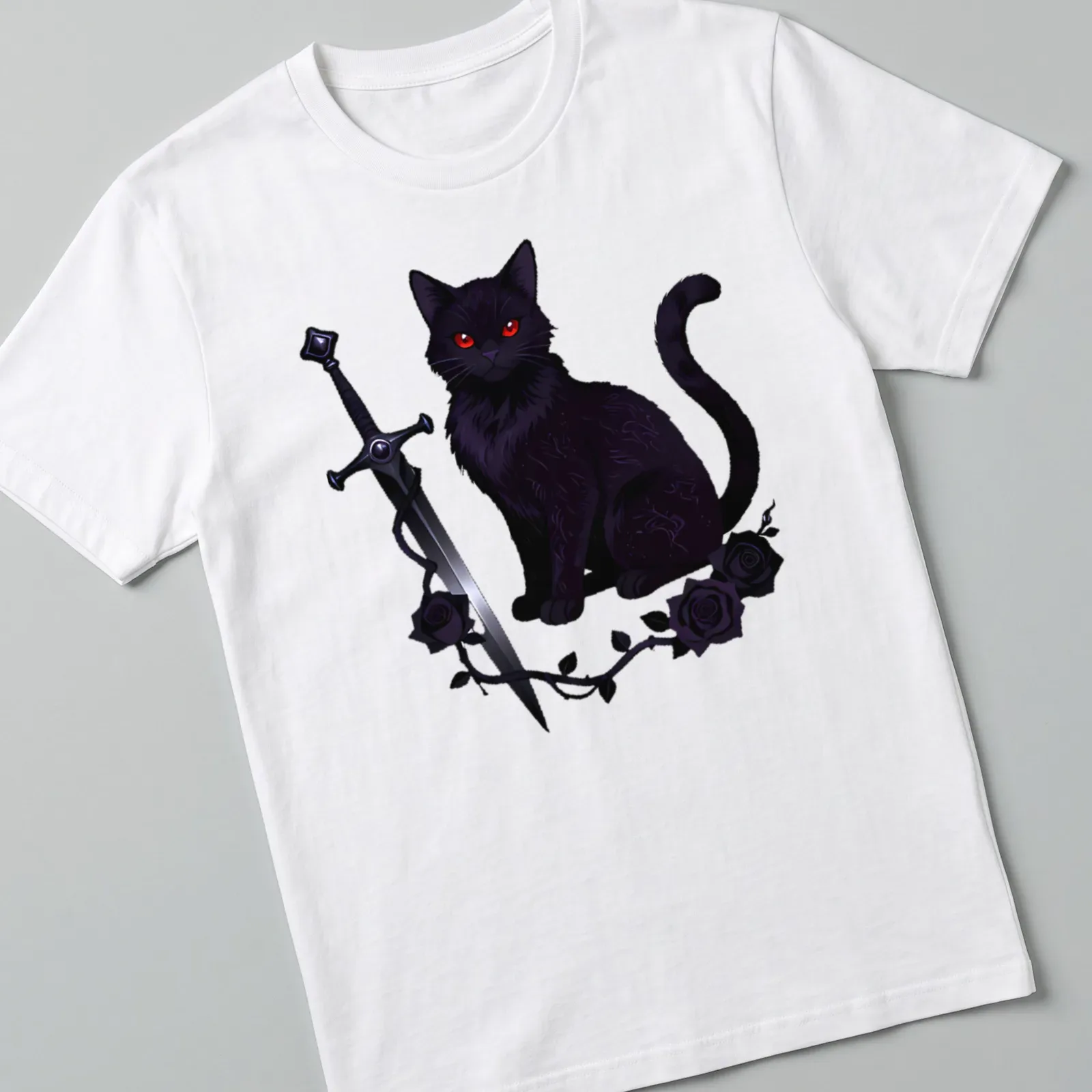 Illustration of a black cat wielding a sword with roses in vibrant colors — printed on a unisex t-shirt