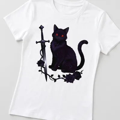 Illustration of a black cat wielding a sword with roses in vibrant colors — printed on a women's shirt
