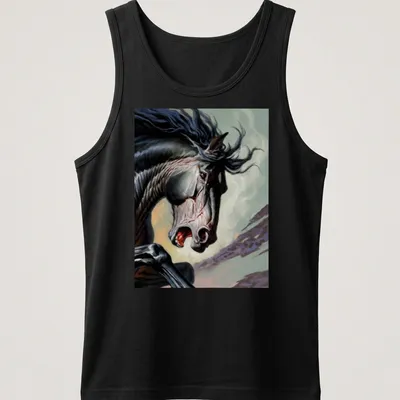 Dramatic illustration of a black horse in motion with vibrant colors — printed on a tank top