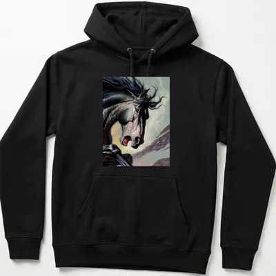 Dramatic illustration of a black horse in motion with vibrant colors — printed on a unisex hoodie