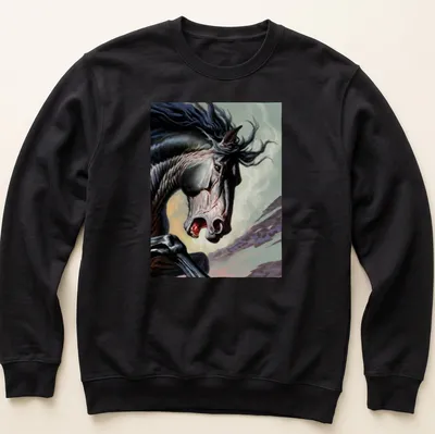 Dramatic illustration of a black horse in motion with vibrant colors — printed on a unisex sweatshirt