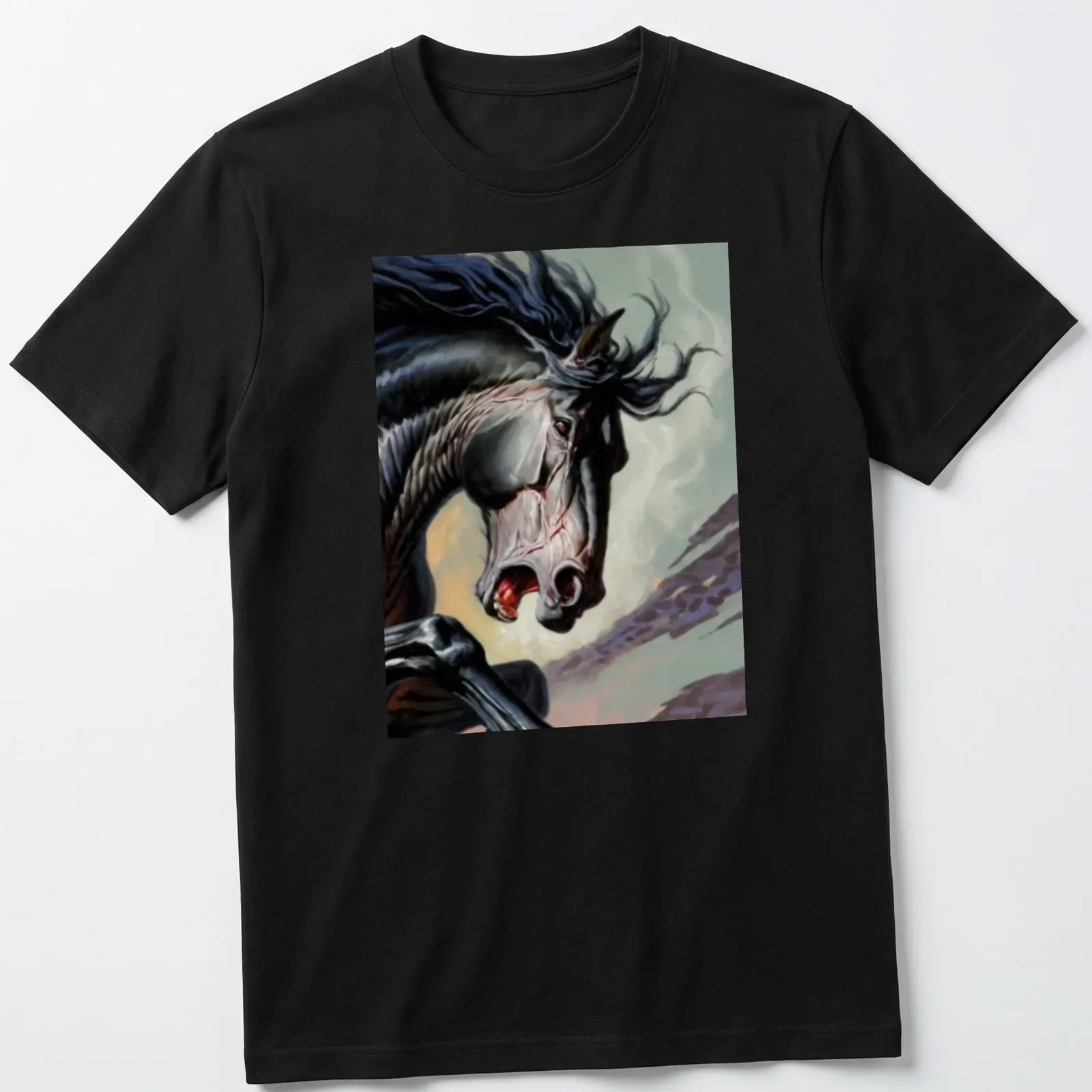 Dramatic illustration of a black horse in motion with vibrant colors — printed on a unisex t-shirt