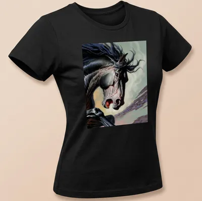 Dramatic illustration of a black horse in motion with vibrant colors — printed on a women's shirt