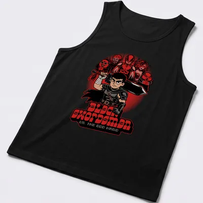 Bold cartoon graphic of Black Swordsman facing the God Hand with striking colors — printed on a tank top