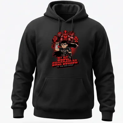 Bold cartoon graphic of Black Swordsman facing the God Hand with striking colors — printed on a unisex hoodie