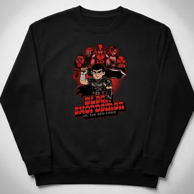 Bold cartoon graphic of Black Swordsman facing the God Hand with striking colors — printed on a unisex sweatshirt